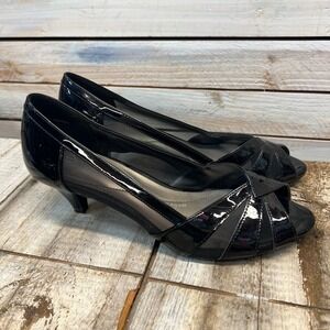 Impo Black Patent Mesh Esumi Peep Toe Kitten Heel Comfort Pumps 9M